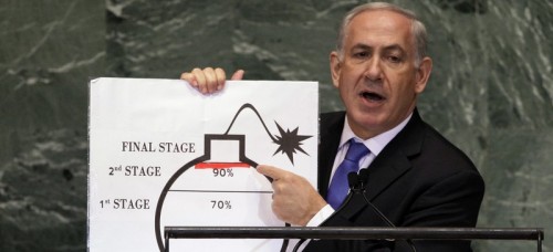 In this Thursday, Sept. 27, 2015 file photo, Israeli Prime Minister Benjamin Netanyahu shows an illustration as he describes his concerns over Iran's nuclear ambitions during his address to the 67th session of the United Nations General Assembly at U.N. headquarters. (AP Photo/Richard Drew, File)