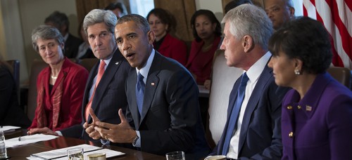 President Barack Obama discusses the budget proposal with the Cabinet. (Evan Vucci | AP)