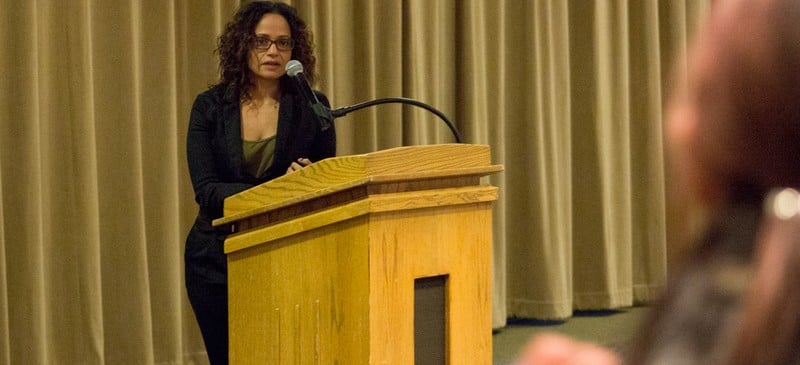 Actress Judy Reyes speaks to DePaul students and faculty Thursday afternoon at the student center.  (Josue Ortiz / The DePaulia)