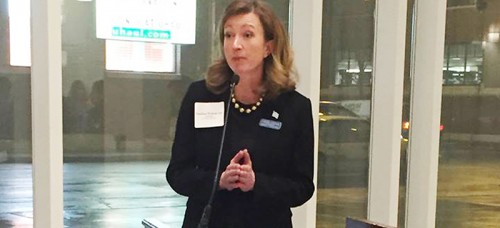 Caroline Vickrey speaks at an event in January at DePaul during her campaign against 43rd Ward incumbent Ald. Michele Smith. (Brenden Moore / The DePaulia)