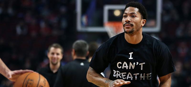 Chicago Bulls point guard Derrick Rose wears an “I can’t breathe” shirt supporting Eric Garner, who was killed in July 2014 from a chokehold by a NYPD officer. (Chris Sweda / MCT Campus)