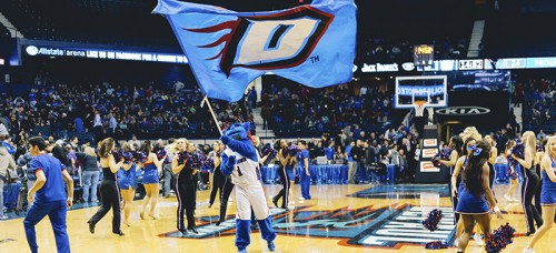 DIBS flies the Blue Demon flag at the men’s basketball game Saturday. The game was one of the main events of Blue Demon Week, the university’s version of homecoming week. (Garrett Duncan / The DePaulia)