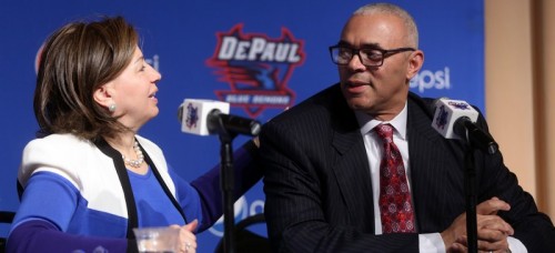 DePaul University's athletic director Jean Lenti Ponsetto introduces Dave Leitao during a news conference to announced him as their new basketball head coach Monday, March 30, 2015, at the DePaul Student Center in Chicago. Leitao is charged with a big task as he tries to revitalize a struggling program and get it back at least to the level when he led the Blue Demons from 2002 to 2005. (AP Photo/Chicago Tribune, Brian Cassella)