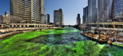 The Chicago River during the 2009 Saint Patrick's Day celebration. (Wikimedia Commons)