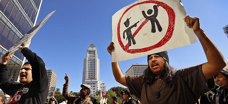 Protestors chant during their march on March 3 from the downtown Los Angeles site where a homeless man was killed by officers. (Al Seib | Tribune News Service)