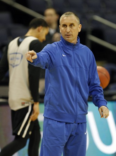 Buffalo coach Bobby Hurley gestures during practice for an NCAA college basketball tournament second round game in Columbus, Ohio, Thursday, March 19, 2015. Buffalo plays West Virginia on Friday. (AP Photo/Paul Vernon)