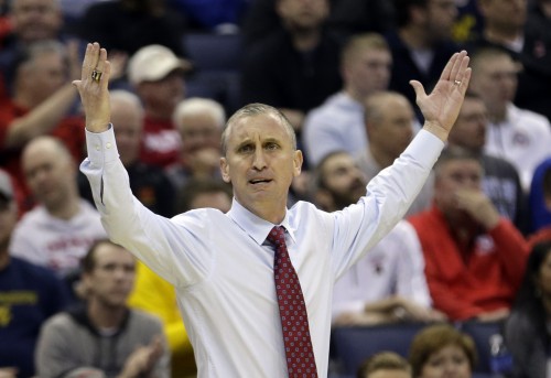 Buffalo head coach Bobby Hurley reacts to a call in the second half of an NCAA tournament college basketball game against West Virginia in the Round of 64 in Columbus, Ohio, Friday, March 20, 2015. (AP Photo/Tony Dejak)