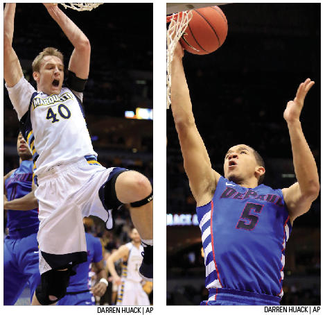 Marquette center Luke Fischer had 17 points Saturday while DePaul guard Billy Garrett Jr. scored just two points in DePaul’s regular season finale. 