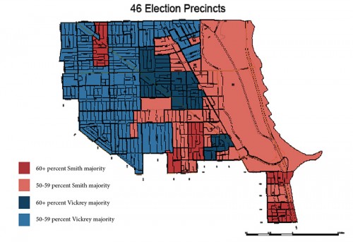 The geography of the 43rd Ward’s election results reflect the divisive nature and closeness of the race between Ald. Michele Smith and challenger Caroline Vickrey.