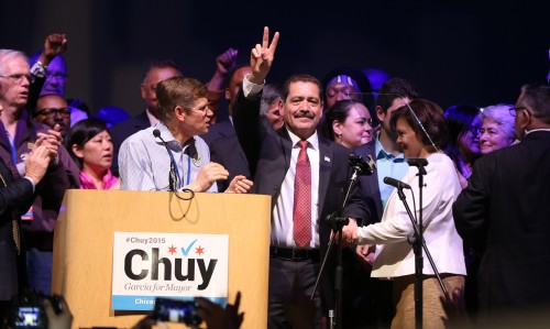 Supporters of Chicago mayoral candidate Jesus "Chuy" Garcia cheer as Garcia takes the podium to concede the runoff election  at the UIC Forum, Tuesday, April 7, 2015, in Chicago. Rahm Emanuel won re-election Tuesday as voters in Chicagos first mayoral runoff decided that, despite his brusque management style, the former White House chief of staff was best equipped to deal with the dire financial challenges facing the nations third-largest city. (AP Photo/Chicago Tribune, Terrence Antonio James) MANDATORY CREDIT CHICAGO TRIBUNE; CHICAGO SUN-TIMES OUT; DAILY HERALD OUT; NORTHWEST HERALD OUT; THE HERALD-NEWS OUT; DAILY CHRONICLE OUT; THE TIMES OF NORTHWEST INDIANA OUT; TV OUT; MAGS OUT; NO SALES