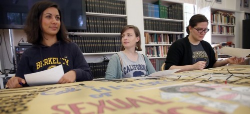 Students at the University of California, Berkeley, speak to the press after filing federal complaints against the school for failing to protect women from harassment and assault. (Jane Tyska/Bay Area News)