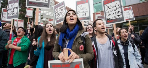 Seattle University faculty, students and staff stage one of the largest walkouts in the nation as part of National Adjunct Walkout Day Feb. 25. (Photo courtesy of SEIU Local 925)