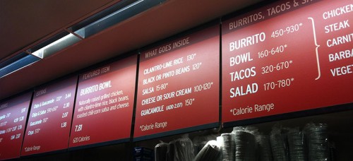 Chipotle is one of many restaurants that now display the calorie counts of items on their menu. DePaul freshman Thomas Rietz led an effort to petition for nutrition labels on DePaul’s student center dining menus and recently met with Chartwells representatives. (Ben Popken / Flickr)