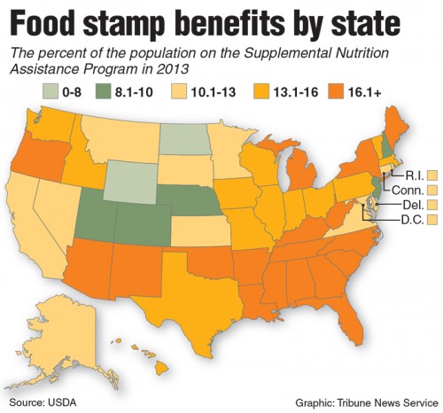Percentage of the population by state that relies on food stamps in 2013. (Tribune News Service)
