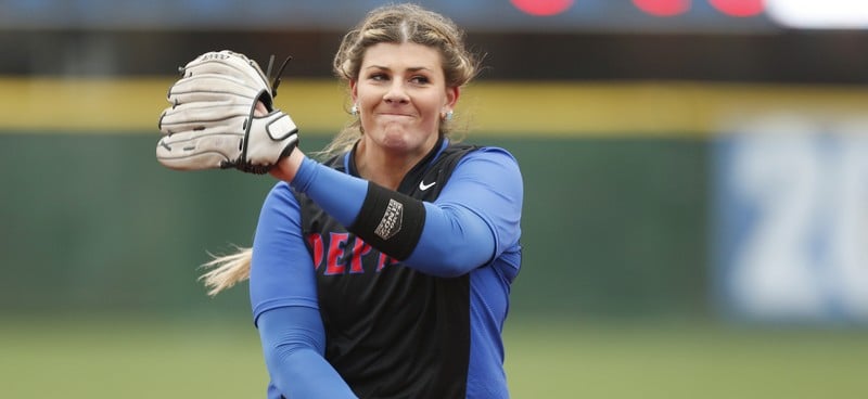 DePaul senior Mary Connolly pitched both games of a doubleheader against Creighton Saturday, losing both games 2-0 and 5-3. (Photo courtesy of DePaul Athletics)