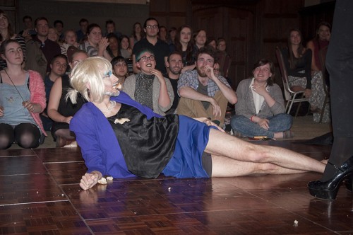 Jeremy Martins (left) performs as Sara Tonin and Arie Thompson performs as Mel A. Tonin at the Amateur Drag Show Friday.  (Photo courtesy of Taylor Gillen)