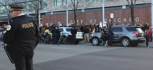 Protestors demonstrate outside of the Chicago Police Department headquarters in the Bronzevillle neighborhood in solidarity with Baltimore, where the death of Freddie Gray sparked outrage.  (Photo courtesy of Carson Leigh Brown)