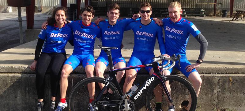 DePaul Cycling Club after the team time trial at Lindsey Wilson College in Kentucky. From left to right: Tori Parrilli, Adam Saban, Anthony Ott, Ian Kresnak, Chris Haslam. Not pictured Mark Zalewski. (Photo courtesy of Ian Kresnak)