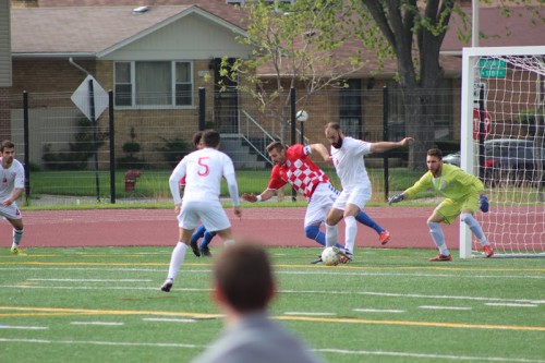 Former DePaul player Antonio Aguilar (right) defends against a Croatian Eagles player on  May 10.  (Photo courtesy of RWB Adria)