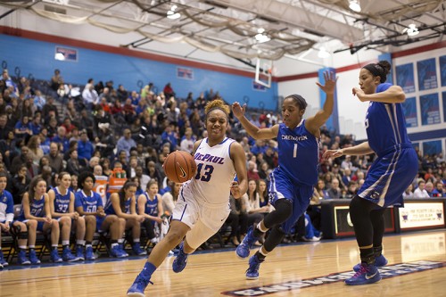 Junior Chanise Jenkins drives in the lane in a January contest against Creighton. (Josh Leff / The DePaulia)