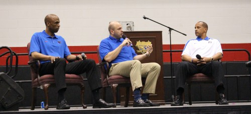 New DePaul basketball assistants answer questions. (Photo courtesy of DePaul Athletics)