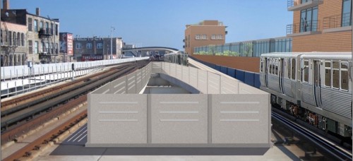A rendering of the Belmont Red, Purple and Brown Line station showing the future flyover project. (Photo courtesy of CTA)