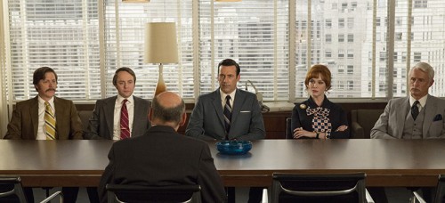 Kevin Rahm as Ted Chaough, Vincent Kartheiser as Pete Campbell, Jon Hamm as Don Draper, Christina Hendricks as Joan Harris and Jon Hamm as Don Draper. (Photo courtesy of MIchael Yarish/AMC)