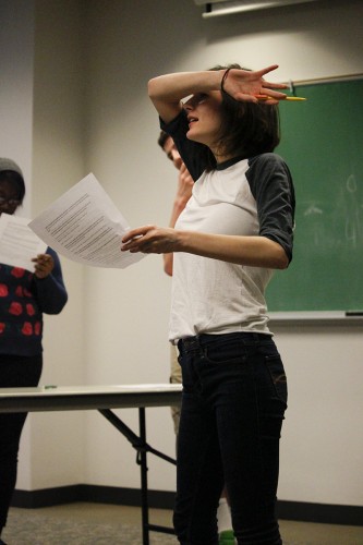 Madeline Mosso practices skits during a Springboard Theater Company rehearsal Wednesday. (Kirsten Onsgard / The DePaulia)