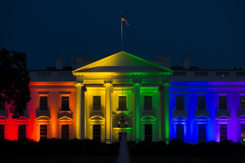 The White House is lit up in rainbow colors in commemoration of the Supreme Court's ruling to legalize same-sex marriage on Friday, June 26, 2015, in Washington. (AP Photo/Evan Vucci)