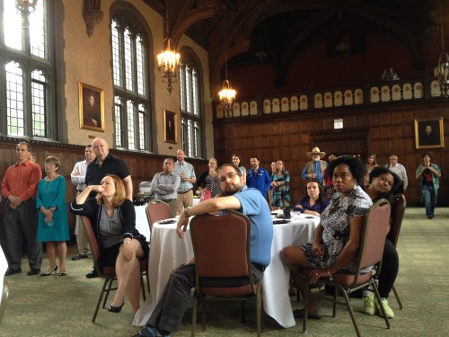 Friends, co-workers and students listen to speakers who honored Sr. Katie Norris before she left DePaul this week to serve the homeless in Macon, Ga. (Megan Deppen / The DePaulia)