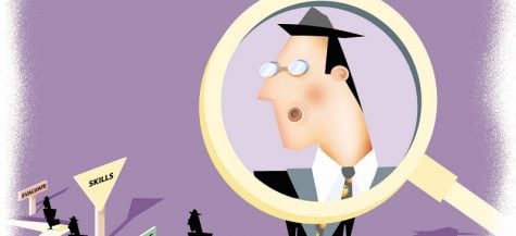 200 dpi 49p x 40p Robin Mills-Murphy color illustration of a job applicant placed under a magnifying glass while on a winding career path marked by road signs reading,