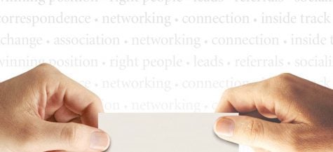 300 dpi Ron Borresen color illustration of hands holding blank paper against background of networking-related terms,