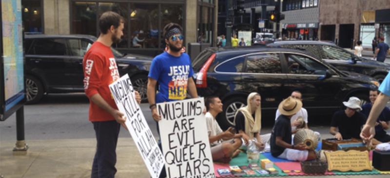 Christian protesters speak out against Hindu chanters at DePaul Center