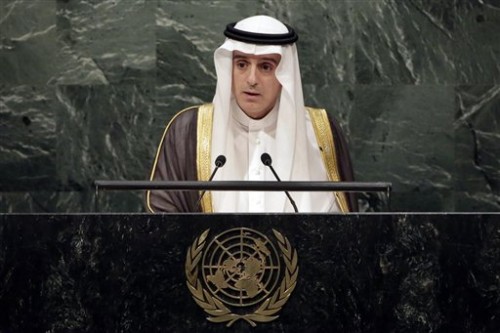 Saudi Foreign Minister Adel al-Jubeir addresses the 2015 Sustainable Development Summit, Sunday, Sept. 27, 2015, at United Nations headquarters. (AP Photo/Richard Drew)