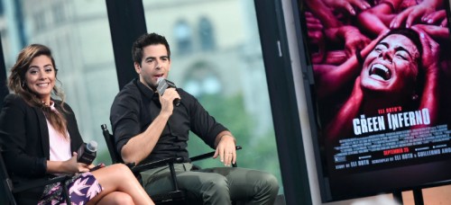 Actor/director Eli Roth, right, and his wife Lorenza Izzo participate in AOL's BUILD Speaker Series to discuss their new films, "Knock Knock" and "The Green Inferno", at AOL Studios on Tuesday, Sept. 22, 2015, in New York. (Photo by Evan Agostini/Invision/AP)