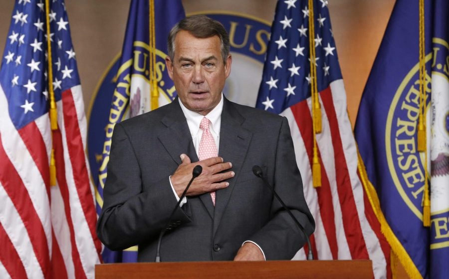 FILE - In this Sept. 25, 2015 file photo, House Speaker John Boehner of Ohio announces on Capitol Hill in Washington, that he will resign from Congress at the end of October. The gulf between tea party conservatives and establishment Republicans has gotten so big it just swallowed up the speaker of the House and may threaten the entire Republican Party and Congress itself.  (AP Photo/Steve Helber, File)