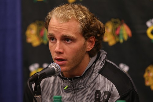 Patrick Kane speaks during a press conference before the start of the Chicago Blackhawks training camp on Thursday, Sept. 17, 2015, at the University of Notre Dame's Compton Family Ice Center in South Bend, Ind. (Antonio Perez/Chicago Tribune/TNS)