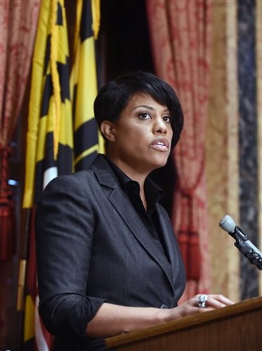 Baltimore Mayor Stephanie Rawlings-Blake announces that she will not seek re-election next year, during a news conference on Friday, Sept. 11, 2015 in Baltimore.   Rawlings-Blake said she believes she could have won re-election, pointing to her work on the citys budget and pension system. However, she said, not seeking re-election was the best decision for the city and for her family.  (Kenneth K. Lam/The Baltimore Sun via AP)  WASHINGTON EXAMINER OUT; MANDATORY CREDIT