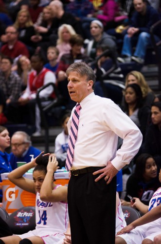 Women’s basketball coach Doug Bruno stands on the sidelines of a game last season. He wants his team to be "ultra competitive" when they take on No. 1 UConn on Wednesday. (DePaulia File) 