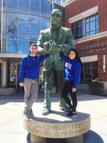 SGA President Vanessa Cadavillo (right) and Vice President Ric Popp stand in front of the Student Center before their victory last May. Photo courtesy of Vanessa Cadavillo.