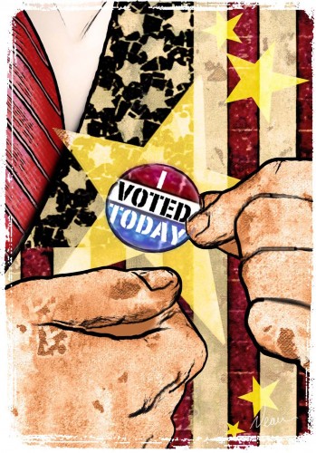 300 dpi Rick Nease color illustration of hands placing an "I Voted Today" button on stars-and-stripes lapel. Detroit Free Press 2008 KEYWORDS: vote illustration voter registration voting election day button patriotic patriotism democracy, krtgovernment government, krtnational national, krtpolitics politics, krt, mctillustration, krteln election, krtuspolitics, national election, vote, voting, krteln2008, 2008, krt2008, POL, VOTE, 11003004, 11003007, 11000000, de contributed coddington nease mct mct2008