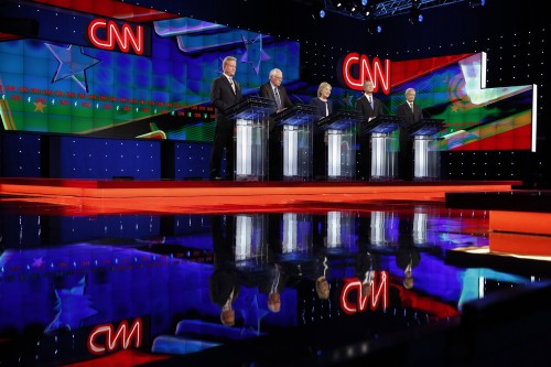 Democratic presidential candidates from left, former Virginia Sen. Jim Webb, Sen. Bernie Sanders, of Vermont, Hillary Rodham Clinton, former Maryland Gov. Martin O'Malley, and former Rhode Island Gov. Lincoln Chafee stand on stage during the CNN Democratic presidential debate Tuesday, Oct. 13, 2015, in Las Vegas. (AP Photo/John Locher)