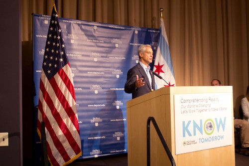 Mayor Rahm Emanuel speaks at DePaul Friday to mark a national day of action for the organization Know Tomorrow, a student-led climate change awareness campaign. (Jessica Villagomez / The DePaulia)