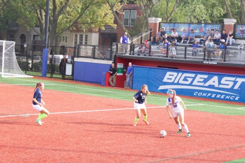 Freshman Franny Cerny (right) has five goals and five assists in her debut season. (Josh Leff / The DePaulia)