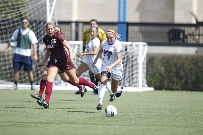 Senior forward Elise Wyatt started scoring her freshman year with five goals and steadily increased every year to break the DePaul record for goals in women’s soccer with 34 so far. (Photo courtesy of DEPAUL ATHLETICS)