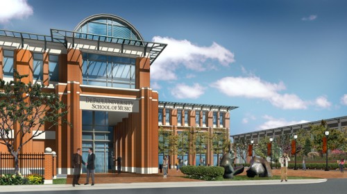 A rendering of the exterior of the DePaul School of Music, taken from the 2009-2019 Master Plan, shows the new Music Center building in place of McGaw Hall. (Photo courtesy of DEPAUL UNIVERSITY)