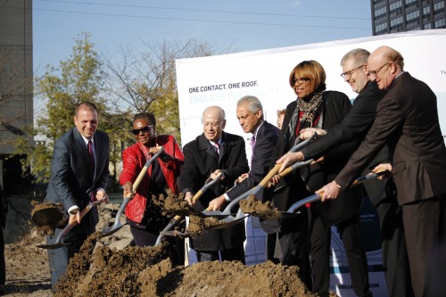 Chicago mayor Rahm Emanuel and DePaul president Rev. Dennis Holtschneider, C.M., were among those in attendance at Monday's groundbreaking ceremony for the new DePaul basketball arena. (Kirsten Onsgard / The DePaulia)