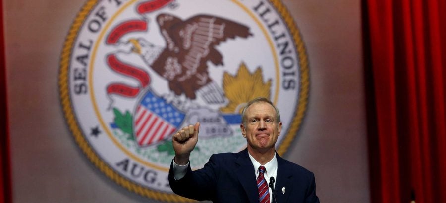 Gov. Bruce Rauner gives a thumbs up after giving his first speech as governor on Monday Jan. 12, 2015 at the Prairie Capital Convention Center in Springfield, Ill. (Nancy Stone/Chicago Tribune/TNS)