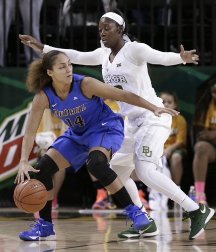 DePaul guard Jessica January (14) is defended by Baylor guard Alexis Jones during the second half of an NCAA college basketball game Sunday, Nov. 22, 2015, in Waco, Texas. Baylor won 86-72. (AP Photo/LM Otero)