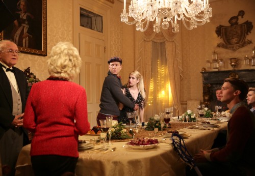 SCREAM QUEENS: L-R: Guest stars Julia Duffy and Jerry Leggio, series stars Glen Powell and Emma Roberts, guest stars Alan Thicke, Chad Michael Murray and Patrick Schwarzenegger in the "Thanksgiving" episode of SCREAM QUEENS airing Tuesday, Nov. 24 (9:00-10:00 PM ET/PT) on FOX. ©2015 Fox Broadcasting Co. Cr: Patti Perret/FOX.